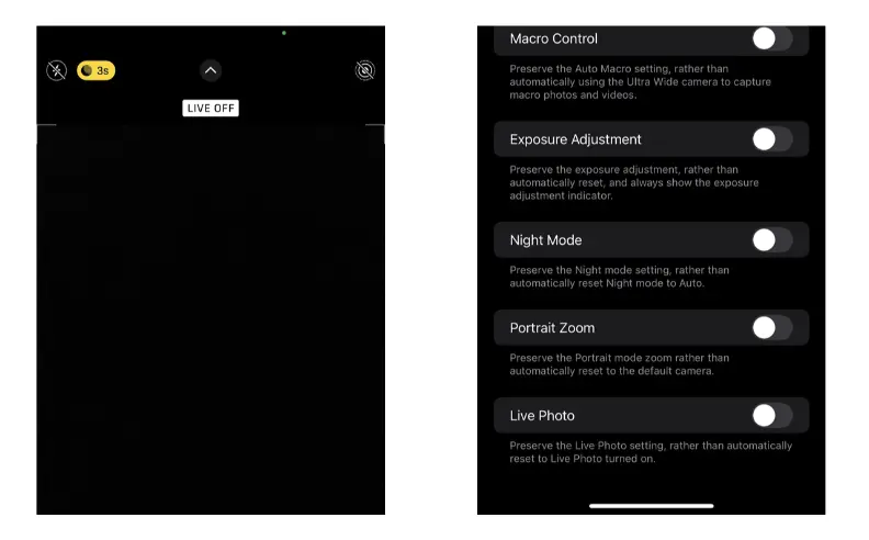 Disabling Live Photos in the Camera