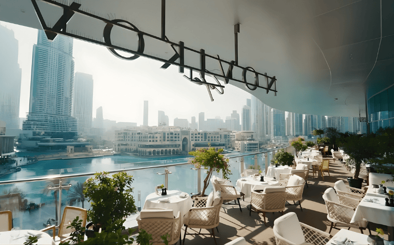 New Year’s Eve at Novikov Café Dubai: Private Promenade Access by the Fountains of Dubai Mall with Burj Khalifa Firework Views