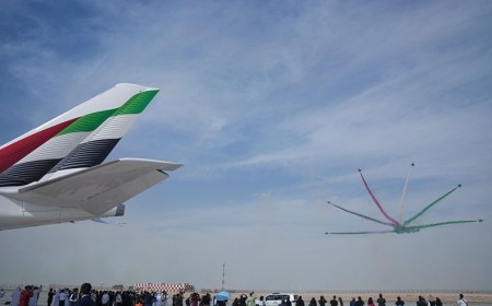 The Emirates A350 makes its flypast debut at the 2025 Dubai Airshow
